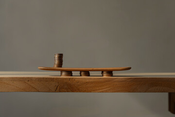 a wooden plank rests on a wooden table with stacks of coins on top of it