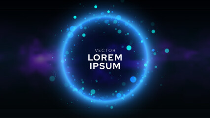 Poster - Neon Circle Frame with Flying Light Bokeh Particles. Glowing Light Ring Circle Banner with Space for Text. Illuminated Realistic Night Scene. Futuristic Portal Concept. Vector Illustration.