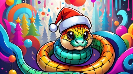 Wall Mural - year of the snake. cartoon snake in a New Year's hat on a New Year's background.	