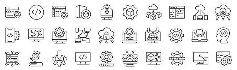 Set of 30 outline icons related to software. Linear icon collection. Editable stroke. Vector illustration