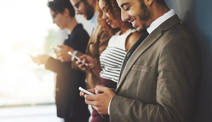 Wall Mural - business, people and office or row for texting, communication and online connection with social medi