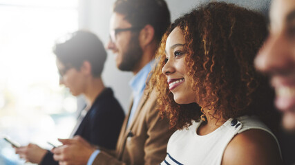 Aufkleber - Business, woman and thinking or smile in office, vision and happy in interview line up or opportunity. Confident, recruiting and corporate or people waiting for hr, female applicant and hire process