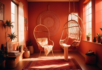 interior design style- reading nook with a hanging rattan chair, cozy floor pouf, and a macrame wall hanging