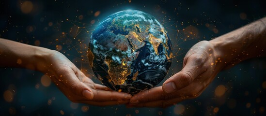 Wall Mural - Hands touching the earth and circling global network connection, Innovation. Creative and inspiring ideas and networking