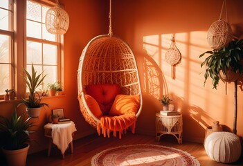 interior design style- reading nook with a hanging rattan chair, cozy floor pouf, and a macrame wall hanging