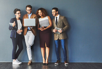 Aufkleber - Group, people and standing in workplace with technology for hiring, international diversity for corporate company. Crowd, men and women with mobile app for onboarding, waiting for interview with hr