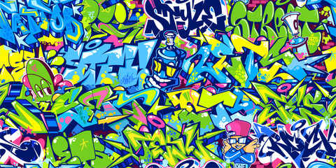 Wall Mural - Trendy Seamless Colorful Abstract Urban Style Hiphop Graffiti Street Art Pattern Vector Background