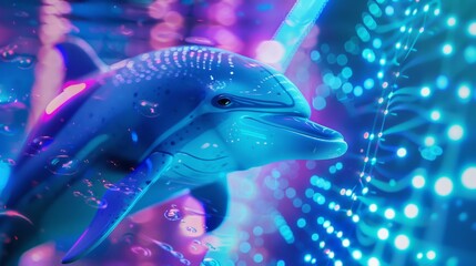 Wall Mural - A blue dolphin is swimming in a sea of lights