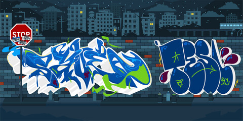 Wall Mural - Trendy Outdoor Urban Graffiti Wall With Drawings At Night Against The Background Of The Cityscape