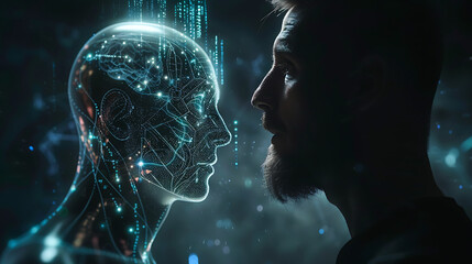 A man talking to an AI robot hologram futuristic technology or machine learning concepts