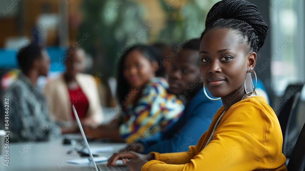 Attractive African young confident businesswoman sitting at the office ...