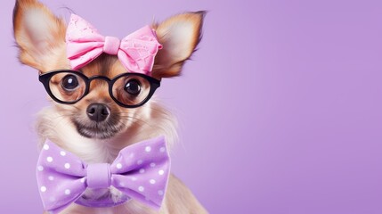 Wall Mural - Funny dog ​​with glasses and a bow on a purple background with space for text