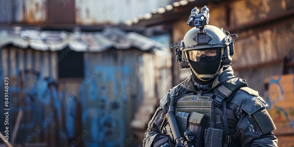 SWAT officer in full tactical gear on duty for law enforcement. Concept ...