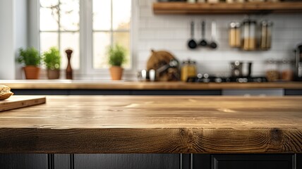 Wall Mural - Wooden Kitchen Countertop with Blurred Background