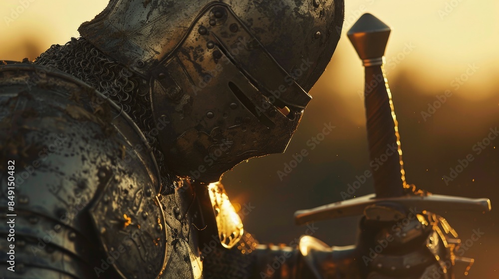 A knight in full armor kneels in the sunset, his head bowed in prayer ...