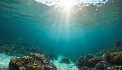 Mesmerizing underwater view of the coral reef, illuminated by the rays of the sun. Concept related to nature, marine life, ecology, summer vacation and adventure