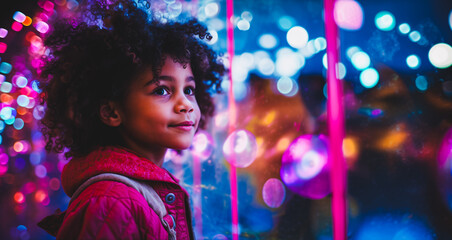 Happy young Black girl at fair with bright lights