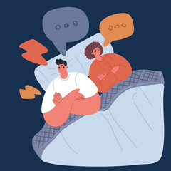 Cartoon vector illustration of Angry woman, couple and fight in bed in the morning feeling frustrated from divorce talk. Marriage problem, conflict and fighting in a bedroom at home with anger argumen