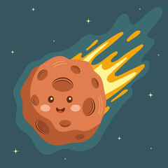 Wall Mural - Asteroid streaking through space and stars. Cute cartoon character in flat style for poster, holiday card design. Vector illustration.