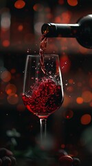 A glass of red wine being poured from a bottle, set against a dark background, with the wine creating a splash as it fills the glass 8K , high-resolution, ultra HD,up32K HD