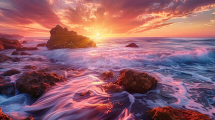 beach with waves at sunset with red sky. sunset landscape. nature photography