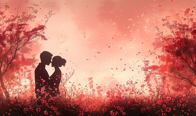 Wall Mural - Silhouettes of a couple in a surreal park of pink heart trees and leaves, pink sky with white clouds.