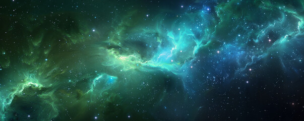 bright space background with vivid green and blue nebulae, twinkling stars, and deep voids.