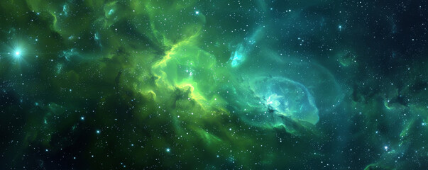 bright space background with vivid green and blue nebulae, twinkling stars, and deep voids.