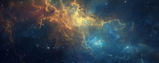 Bright space background with vivid yellow and blue nebulae, sparkling stars, and dark voids.