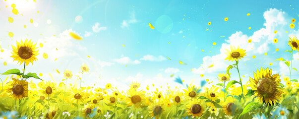 Wall Mural - Bright spring background with a field of sunflowers, clear blue sky, and gentle breeze.