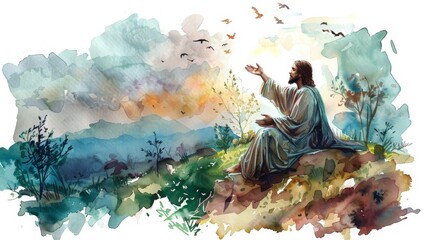 Wall Mural - Jesus Christ watercolor Illustration. Christianity hand drawn