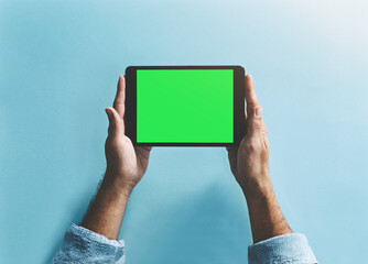 Wall Mural - green screen, tablet and hands in studio with mockup for social media, subscription or sign up servi