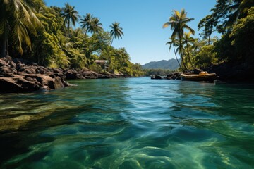 Canvas Print - Rio and Mar meet in Maracaípe, with rafts and coconut trees., generative IA