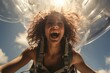 © Gabriel - An exultant woman jumps in parachutes on a sunny day, with white clouds in the sky, generative IA
