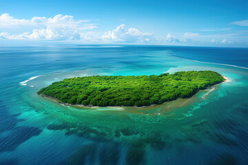 Wall Mural - Aerial view of a lush tropical island by turquoise waters