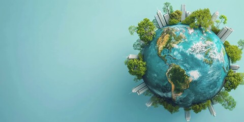 Miniature Earth with green landscapes and skyscrapers illustrating ecological concepts