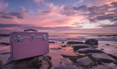 Wall Mural - A pink suitcase by the sea at sunset