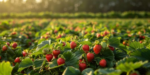 Wall Mural - A huge field is strewn with ripe strawberries glistening in the sunshine.