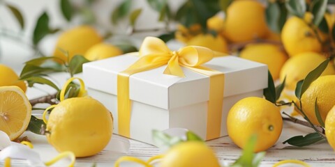Wall Mural - A white box adorned with a bright yellow ribbon surrounded by fresh lemons. The lemons are decorated with ribbons and branch greenery, making them a perfect table arrangement for a wedding
