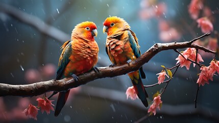 Two parrots are sitting on a branch in a jungle canopy. The parrots are yellow with green and red feathers.

