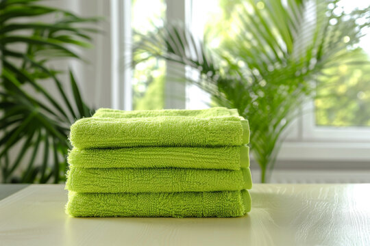 stack of green towels on the table, blurred background is a modern home interior with a window and plant