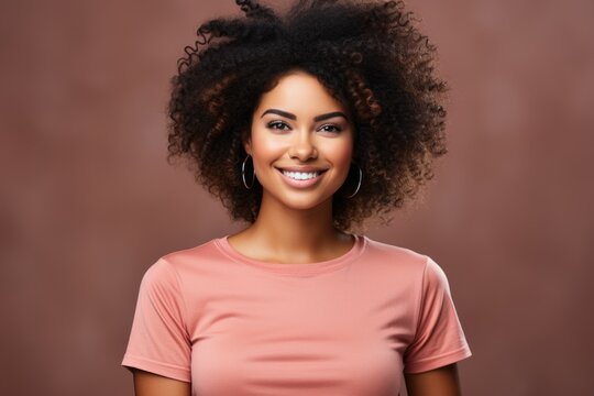 Bright and cheerful Afro-American girl with afro hairstyle in an elegant brown t-s, generative IA