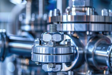 Industrial machinery with a close-up view of a metallic flange connection secured by bolts and nuts.