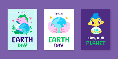 Wall Mural - earth day banner set with kids hugging planet. cartoon poster collection with world globe in childre