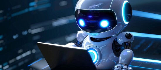 Wall Mural - Cute friendly artificial intelligence robot using laptop computer with purple neon glow light, chatbot and AI assistant concept futuristic technology 3d illustration, banner