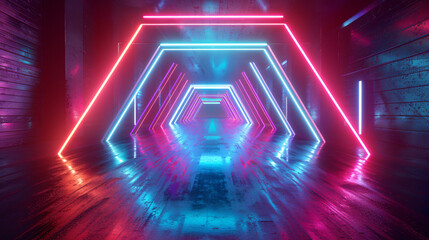 Aufkleber - Futuristic corridor with neon lights reflecting on a wet floor in an abstract image
