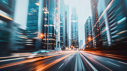 Poster - Modern city street at dusk with light trails and skyscrapers on each side illuminated