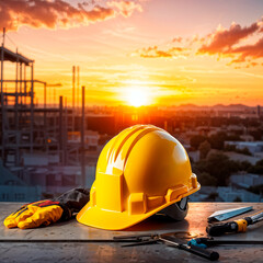 Yellow hard hat safety helmet and blueprint on a desk at construction site, engineering and construction industry concept