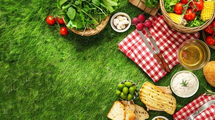 Canvas Print - A picnic spread with bread, vegetables, and breadsticks