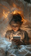 Poster - A little boy laying in bed with a cell phone